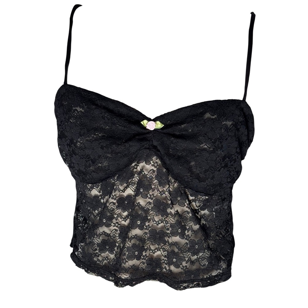 Majorelle Y2K Black Lace Corset Cami Top Floral Sweetheart Neckline Bow Detail L